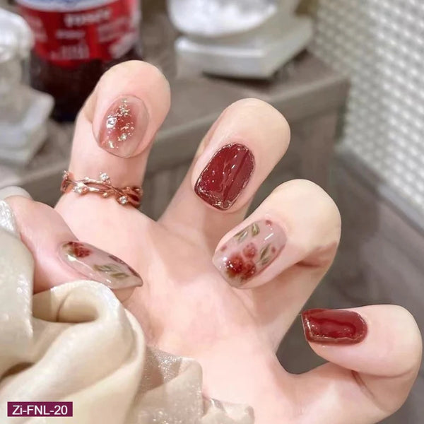 Rose Red Gold Blooming Nails - 24Pcs